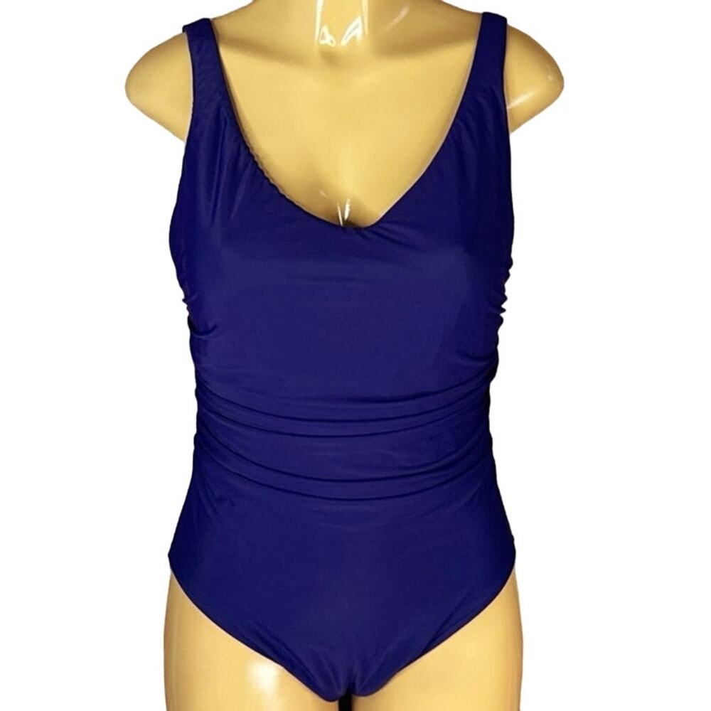 Miraclesuit Dark Purple One Piece Swimsuit Ruched Sides Scoop Back SZ 14